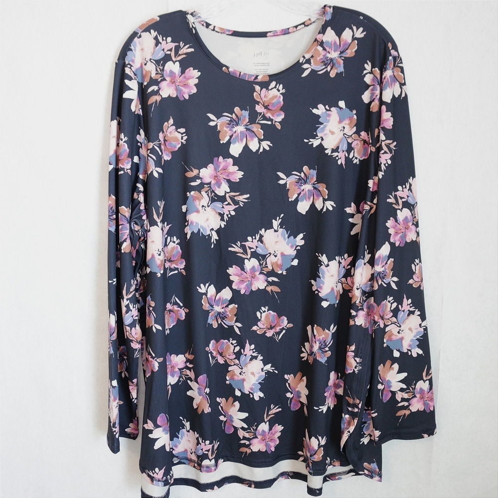 J Jill Fit Performance Long Sleeve‎ Tee Navy Floral 2X Activewear Athleisure